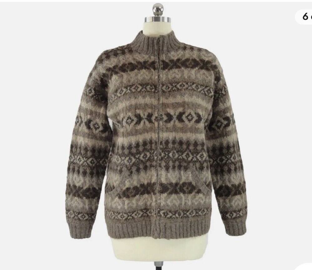 RALPH LAUREN Hand Knit Sweater Southwest Brown Llama Wool Zip Cowichan
